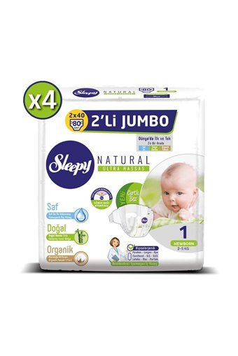 Sleepy Natural Yenidoğan 1 Numara Organik Cırtlı Bebek Bezi 320 Adet