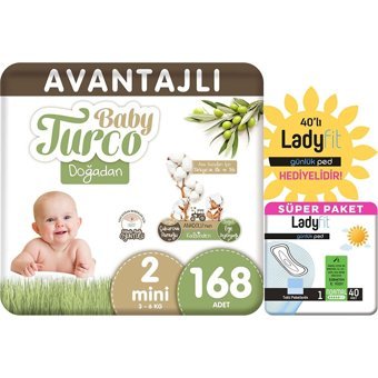 Baby Turco Doğadan 2 Numara Göbek Oyuntulu Bantlı Bebek Bezi 168 Adet
