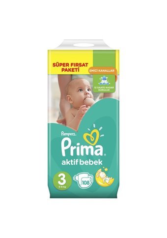Prima Aktif Bebek Midi 3 Numara Cırtlı Bebek Bezi 108 Adet