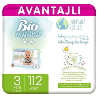 Sleepy Bio Natural Midi 3 Numara Organik Cırtlı Bebek Bezi 112 Adet