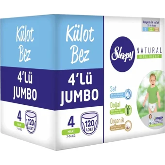 Sleepy Natural 4'Lü Jumbo 8 Numara Organik Külot Bebek Bezi 240 Adet