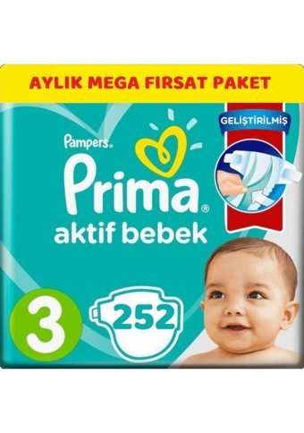 Prima Aktif Bebek 3 Numara Cırtlı Bebek Bezi 252 Adet
