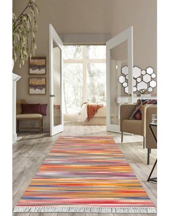 Viyana Home Dijital Baskılı Kaymaz Taban Yıkanabilir Modern Salon Halısı Mutfak Halısı Yolluk VH-HS-396 - Turuncu - 60 x 100 cm