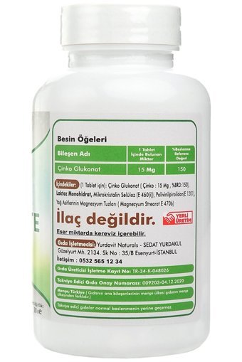 Yurdavit Zinc Gluconate Çinko Glukonat Tablet Kolajen 50x1000 mg