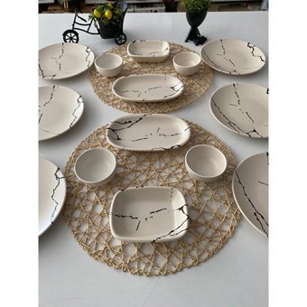 Keramika Mermer Desenli 14 Parça 6 Kişilik Seramik Kahvaltı Takımı Krem