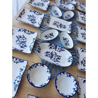 Venüs Home Decoratıon Yasemin Desenli 23 Parça 12 Kişilik Seramik Kahvaltı Takımı Mavi