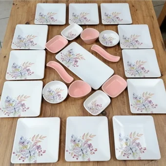 Keramika Kelebek Desenli 23 Parça 12 Kişilik Seramik Kahvaltı Takımı Beyaz-Pembe