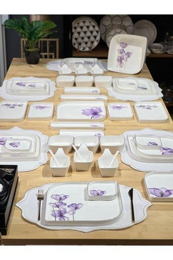 Onedekor Lüks Purple Desenli 46 Parça 6 Kişilik Porselen Kahvaltı Takımı Mor
