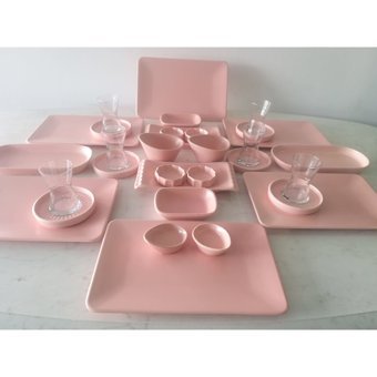 Keramika Mat Kare 32 Parça 6 Kişilik Seramik Kahvaltı Takımı Pembe