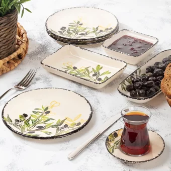 Bernardo Olivia Yuvarlak Desenli 24 Parça 6 Kişilik Stoneware Kahvaltı Takımı Beyaz-Yeşil