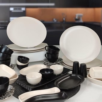 Keramika Oval 35 Parça 6 Kişilik Seramik Kahvaltı Takımı Beyaz-Siyah