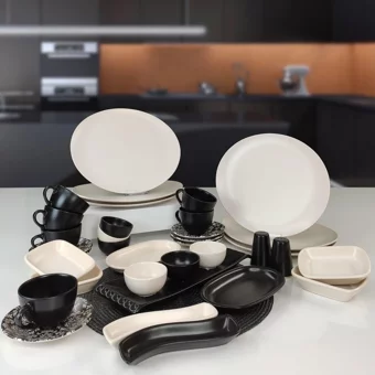 Keramika Oval 35 Parça 6 Kişilik Seramik Kahvaltı Takımı Beyaz-Siyah