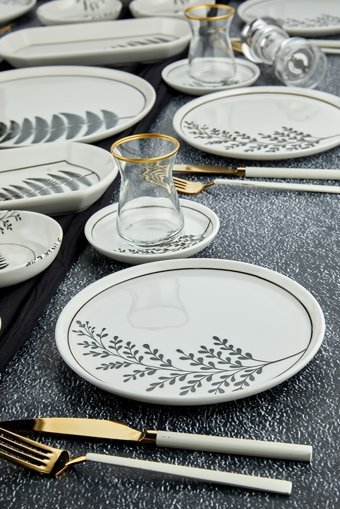 Erbaşlar İndia Yuvarlak Desenli 21 Parça 6 Kişilik Seramik Kahvaltı Takımı Siyah