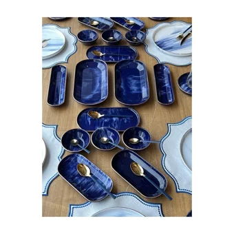 Rossev Blue Wind Desenli 71 Parça 6 Kişilik Stoneware Kahvaltı Takımı Beyaz-Lacivert