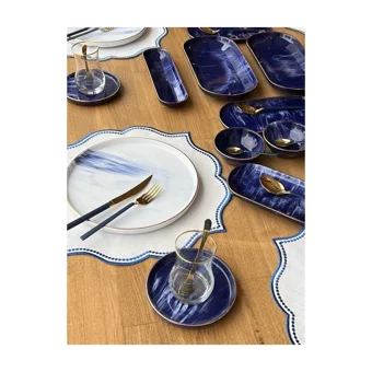 Rossev Blue Wind Desenli 71 Parça 6 Kişilik Stoneware Kahvaltı Takımı Beyaz-Lacivert