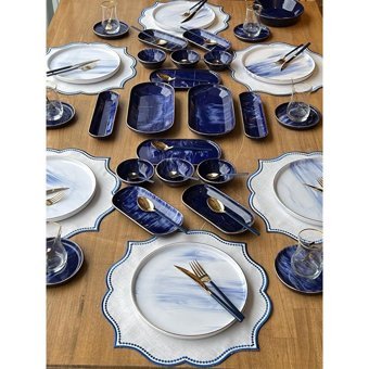 Rossev Blue Wind Desenli 71 Parça 6 Kişilik Stoneware Kahvaltı Takımı Beyaz-Lacivert