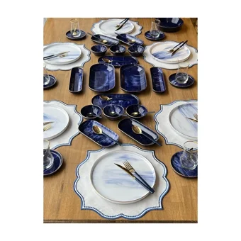Rossev Blue Wind Desenli 71 Parça 6 Kişilik Stoneware Kahvaltı Takımı Beyaz-Lacivert