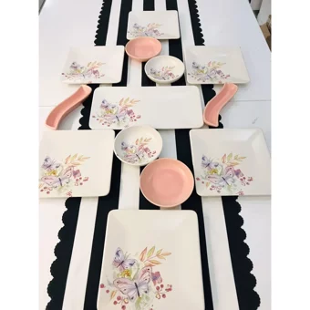 Keramika Bahar Kare Desenli 13 Parça 6 Kişilik Seramik Kahvaltı Takımı Beyaz-Pembe