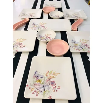 Keramika Bahar Kare Desenli 13 Parça 6 Kişilik Seramik Kahvaltı Takımı Beyaz-Pembe