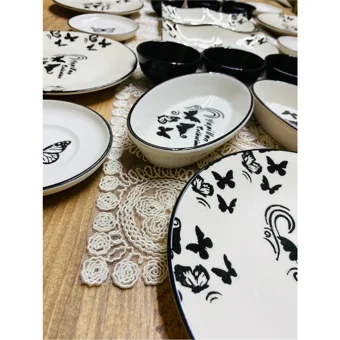 Venüs Home Decoratıon Kelebek Desenli 24 Parça 6 Kişilik Seramik Kahvaltı Takımı Beyaz-Siyah