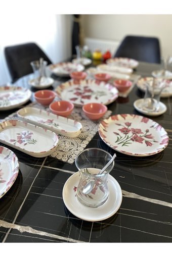 Yiğit Seramik Züccaciye Nergis Desenli 23 Parça 6 Kişilik Seramik Kahvaltı Takımı Pembe