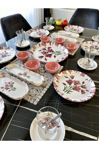 Yiğit Seramik Züccaciye Nergis Desenli 23 Parça 6 Kişilik Seramik Kahvaltı Takımı Pembe