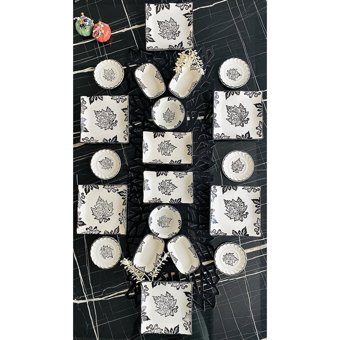 Venüs Home Decoratıon Yaprak Desenli 20 Parça 6 Kişilik Seramik Kahvaltı Takımı Beyaz-Siyah