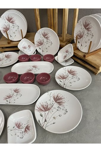 Keramika Hindiba Desenli 26 Parça 12 Kişilik Seramik Kahvaltı Takımı Beyaz-Kırmızı