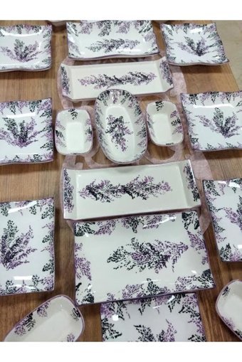 Yiğit Seramik Züccaciye Lavanta Desenli 19 Parça 8 Kişilik Seramik Kahvaltı Takımı Siyah