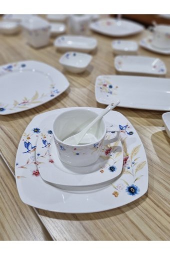 Evimsaray Fine Bone Kare Desenli 46 Parça 6 Kişilik Porselen Kahvaltı Takımı Beyaz