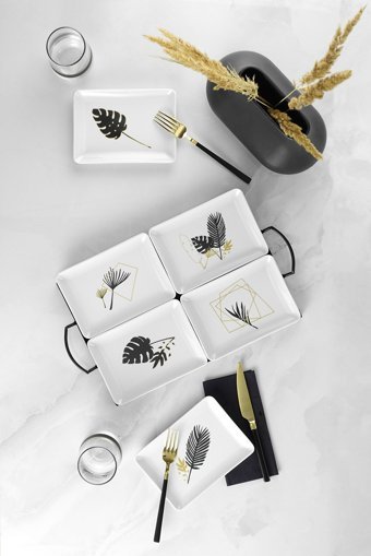 Kütahya Porselen Golden Leaf Desenli 18 Parça 6 Kişilik Porselen Kahvaltı Takımı Beyaz-Siyah