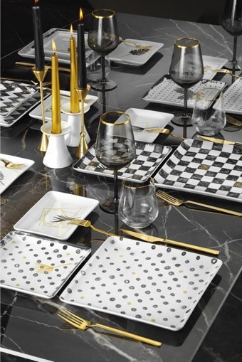 Kütahya Porselen Golden Leaf Desenli 18 Parça 6 Kişilik Porselen Kahvaltı Takımı Beyaz-Siyah