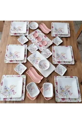 Demet Çeyiz Kelebek Kare Desenli 39 Parça 6 Kişilik Seramik Kahvaltı Takımı Pembe