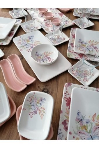 Demet Çeyiz Kelebek Kare Desenli 39 Parça 6 Kişilik Seramik Kahvaltı Takımı Pembe