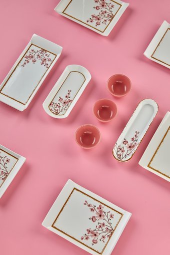 Erbaşlar Sakura Kare Desenli 21 Parça 8 Kişilik Seramik Kahvaltı Takımı Pembe
