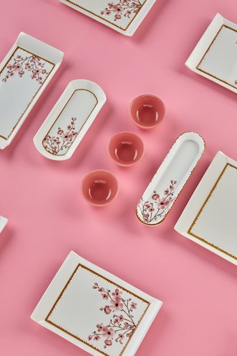 Erbaşlar Sakura Kare Desenli 21 Parça 8 Kişilik Seramik Kahvaltı Takımı Pembe