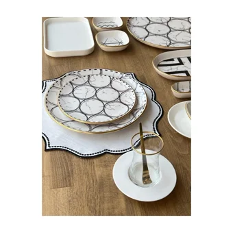 Rossev Feza Taj Desenli 53 Parça 6 Kişilik Stoneware Kahvaltı Takımı Beyaz-Siyah