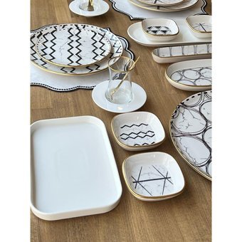Rossev Feza Taj Desenli 53 Parça 6 Kişilik Stoneware Kahvaltı Takımı Beyaz-Siyah