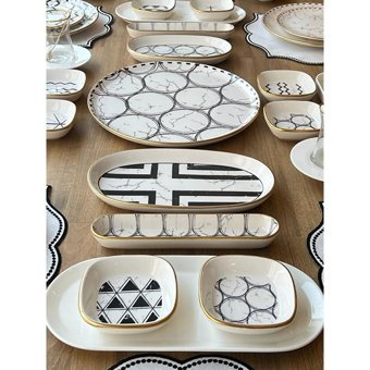 Rossev Feza Taj Desenli 53 Parça 6 Kişilik Stoneware Kahvaltı Takımı Beyaz-Siyah