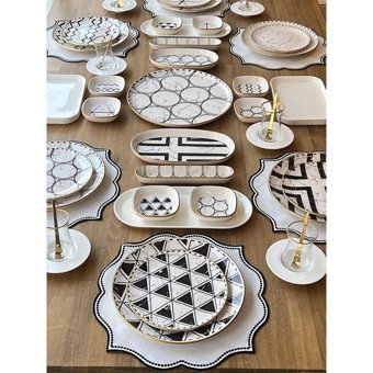 Rossev Feza Taj Desenli 53 Parça 6 Kişilik Stoneware Kahvaltı Takımı Beyaz-Siyah