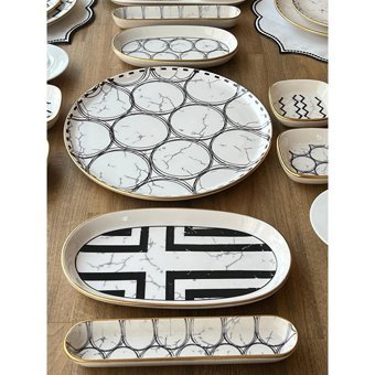 Rossev Feza Taj Desenli 53 Parça 6 Kişilik Stoneware Kahvaltı Takımı Beyaz-Siyah