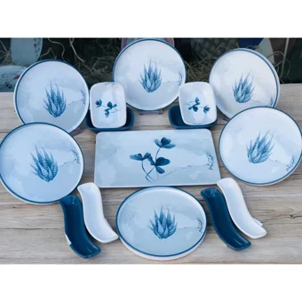 Keramika Blue Kare-Yuvarlak Desenli 15 Parça 6 Kişilik Seramik Kahvaltı Takımı Beyaz-Mavi