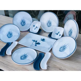 Keramika Blue Kare-Yuvarlak Desenli 15 Parça 6 Kişilik Seramik Kahvaltı Takımı Beyaz-Mavi