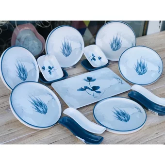 Keramika Blue Kare-Yuvarlak Desenli 15 Parça 6 Kişilik Seramik Kahvaltı Takımı Beyaz-Mavi