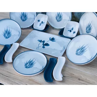 Keramika Blue Kare-Yuvarlak Desenli 15 Parça 6 Kişilik Seramik Kahvaltı Takımı Beyaz-Mavi