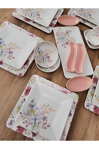 Keramika Kelebek Desenli 21 Parça 6 Kişilik Seramik Kahvaltı Takımı Çok Renkli