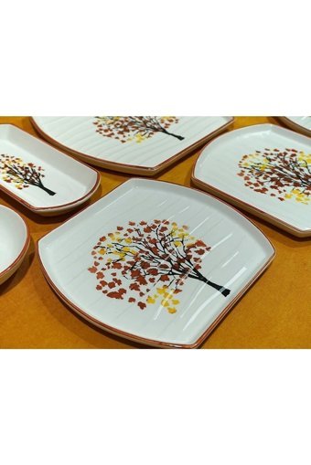 Evimsepette Ahşap Kare Desenli 13 Parça 6 Kişilik Seramik Kahvaltı Takımı Beyaz