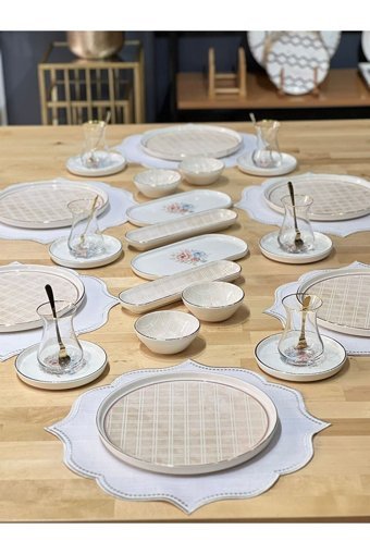 Onedekor Modern Peta Desenli 32 Parça 6 Kişilik Seramik Kahvaltı Takımı Beyaz