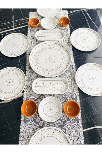Venüs Home Decoratıon Gold Elips Desenli 15 Parça 6 Kişilik Seramik Kahvaltı Takımı Beyaz-Gold