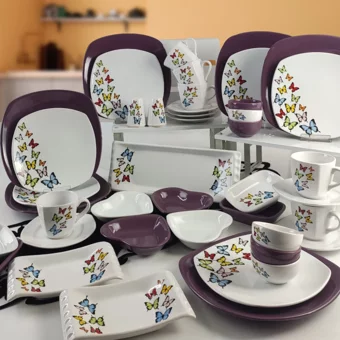 Keramika Kelebek Kare Desenli 43 Parça 6 Kişilik Seramik Kahvaltı Takımı Beyaz-Mor